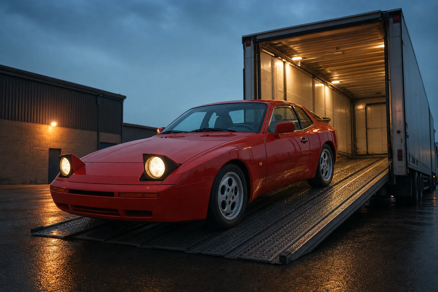 Porsche 944 förberedd för inspektion och transport