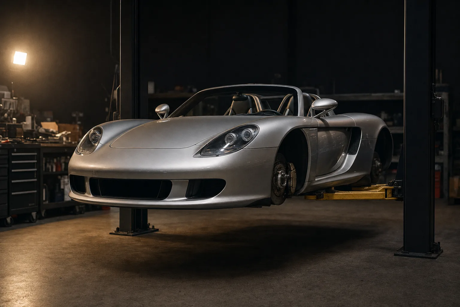 Porsche Carrera GT i specialistverkstad under service av hjulupphängning och drivlina