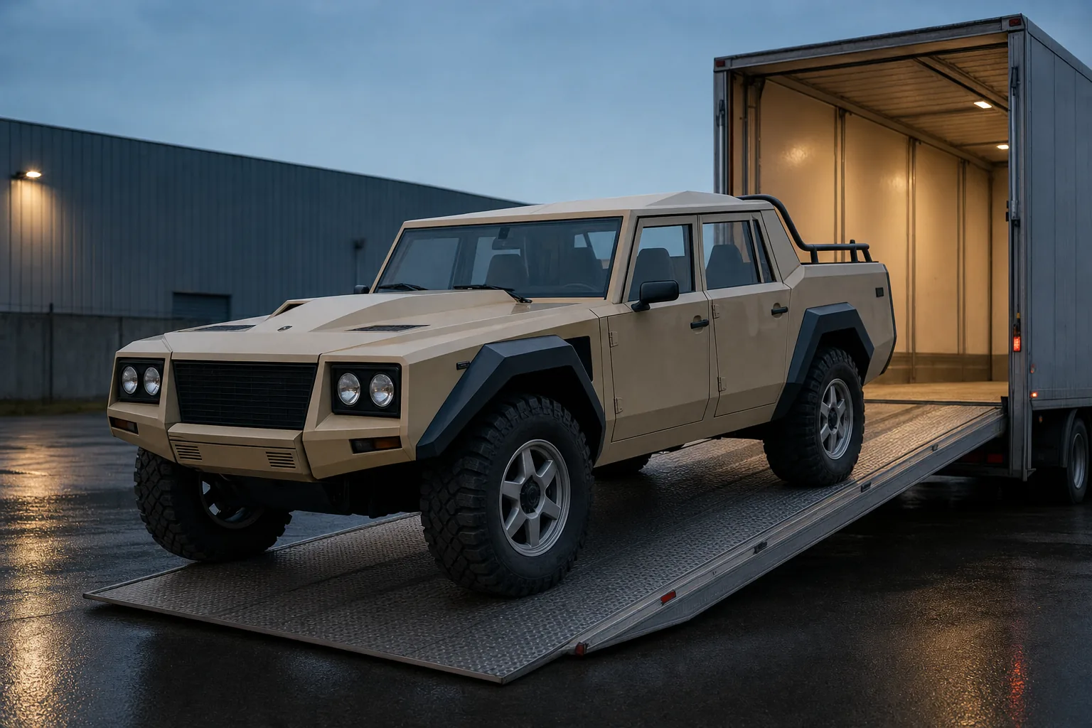 Lamborghini LM002 förberedd för en noggrann inspektion före transport