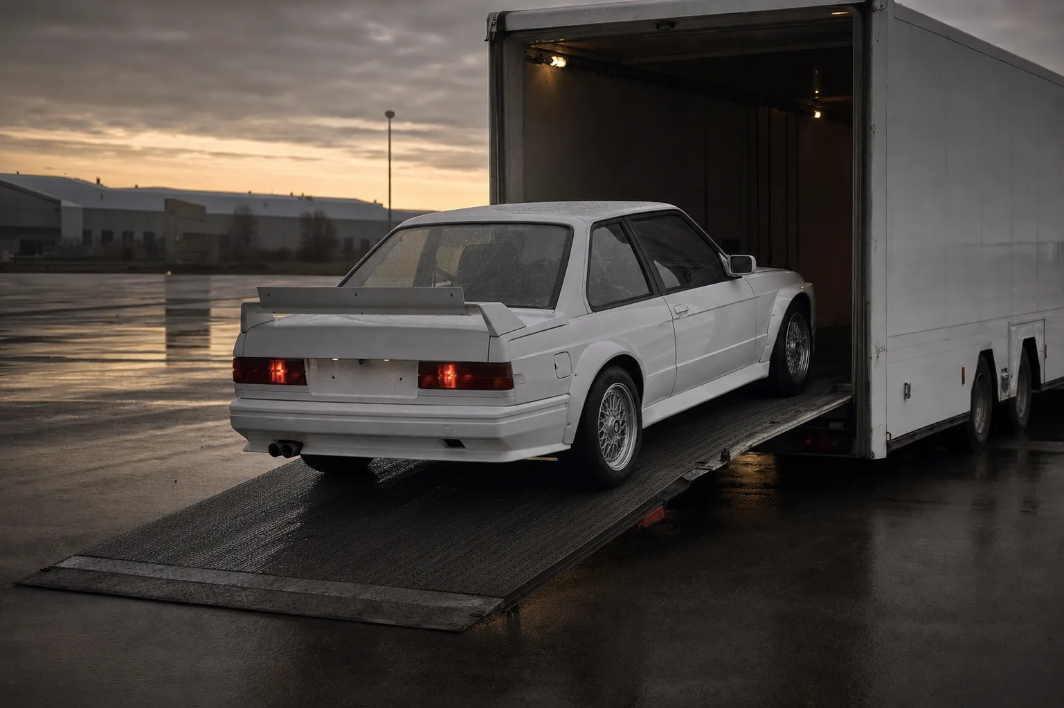 BMW M3 lastas på biltransport inför resan till Sverige