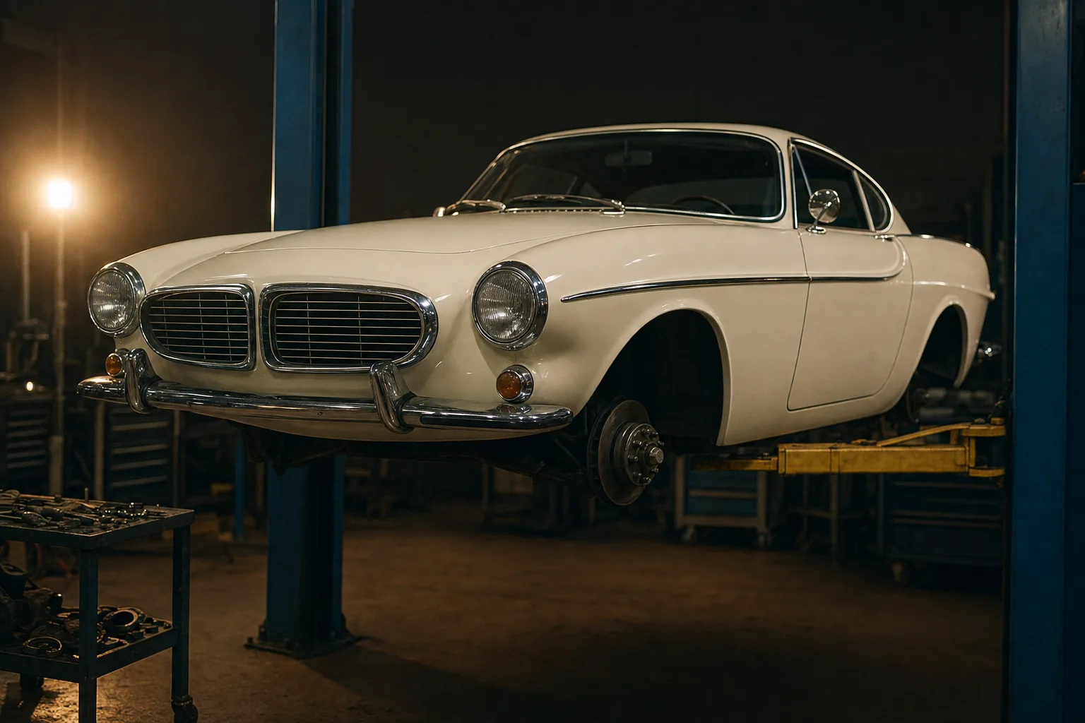 Volvo P1800 i verkstad under arbete med motor och chassi