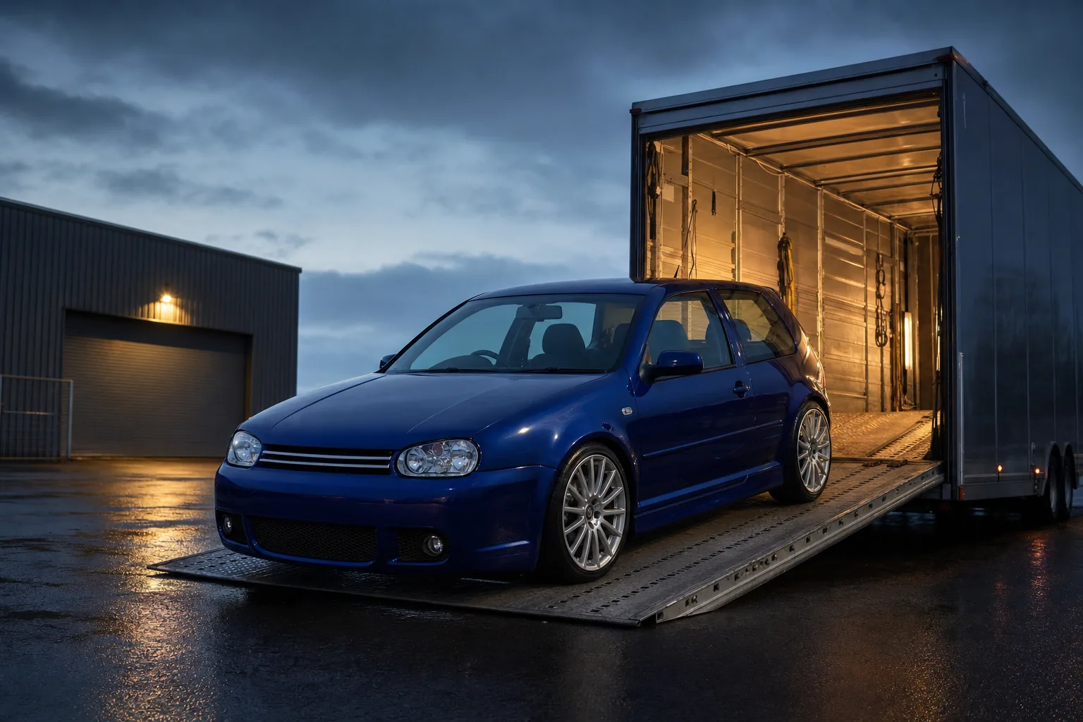 Volkswagen Golf R32 på väg ut från en europeisk bilhall inför import