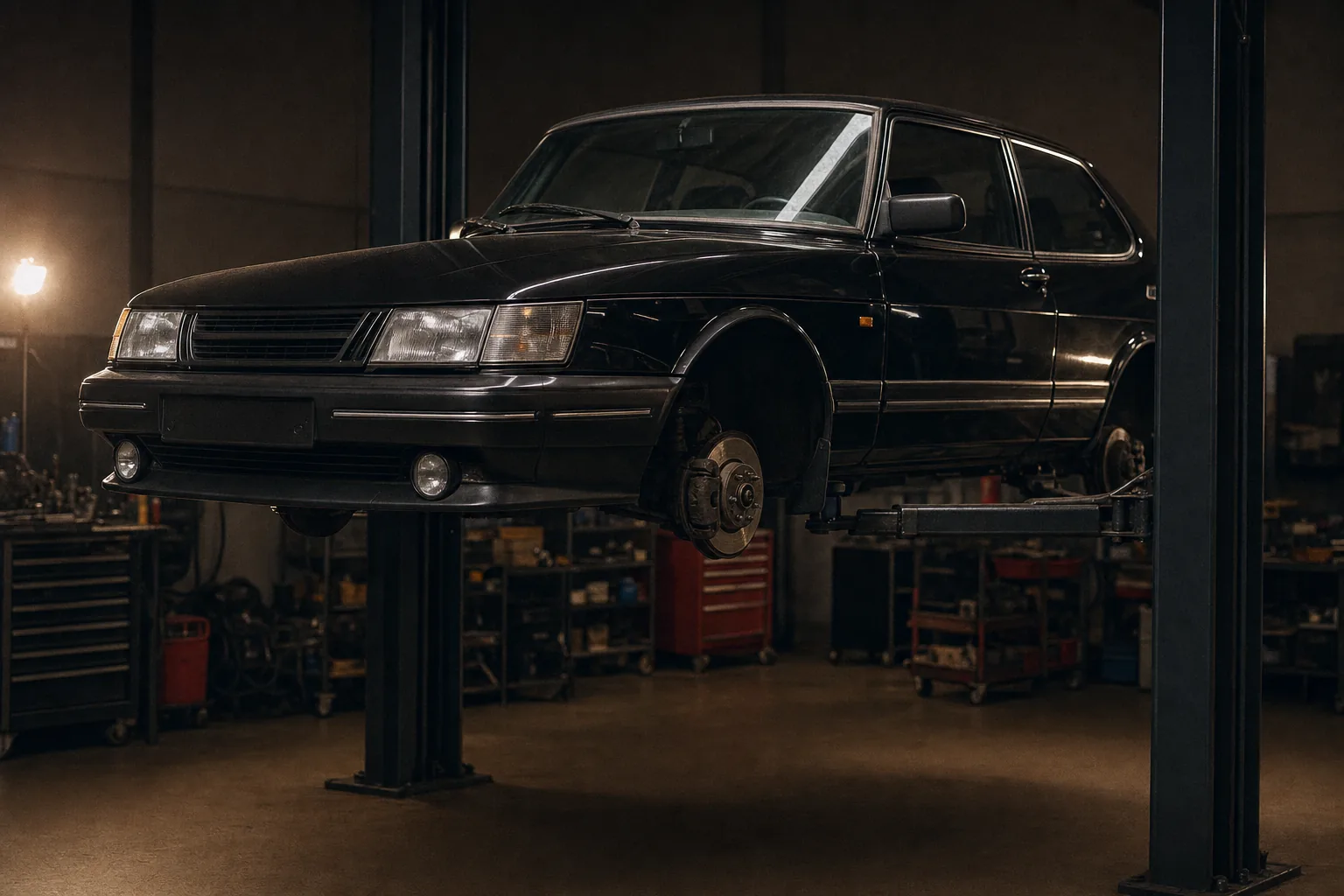 Klassisk Saab 900 Turbo under arbete i verkstad