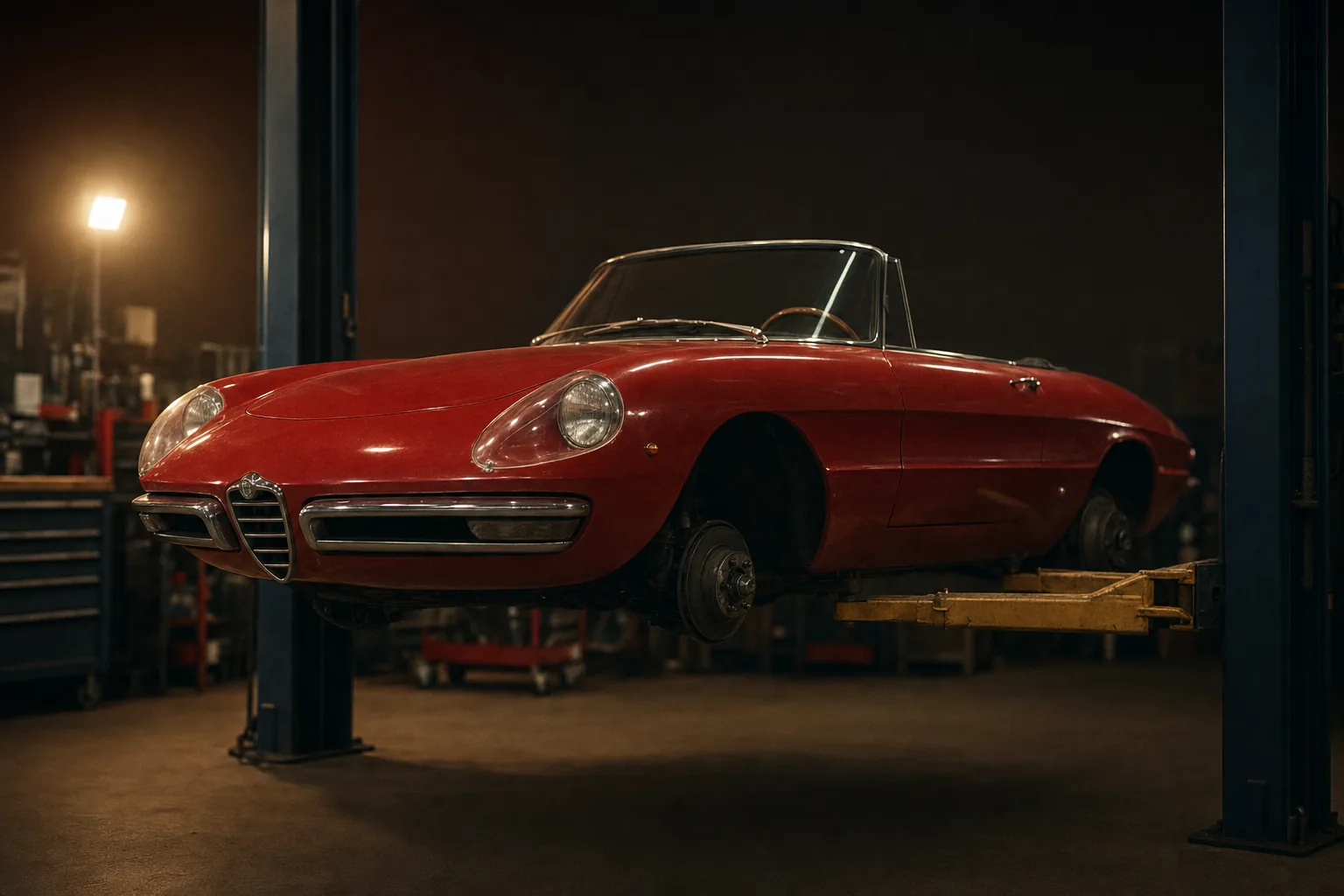 Alfa Romeo Spider 105/115 i verkstad vid service och uppgradering