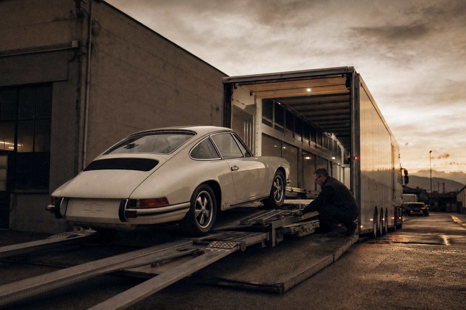 En klassisk Porsche 911 lastas på en sluten biltransport i skymningen